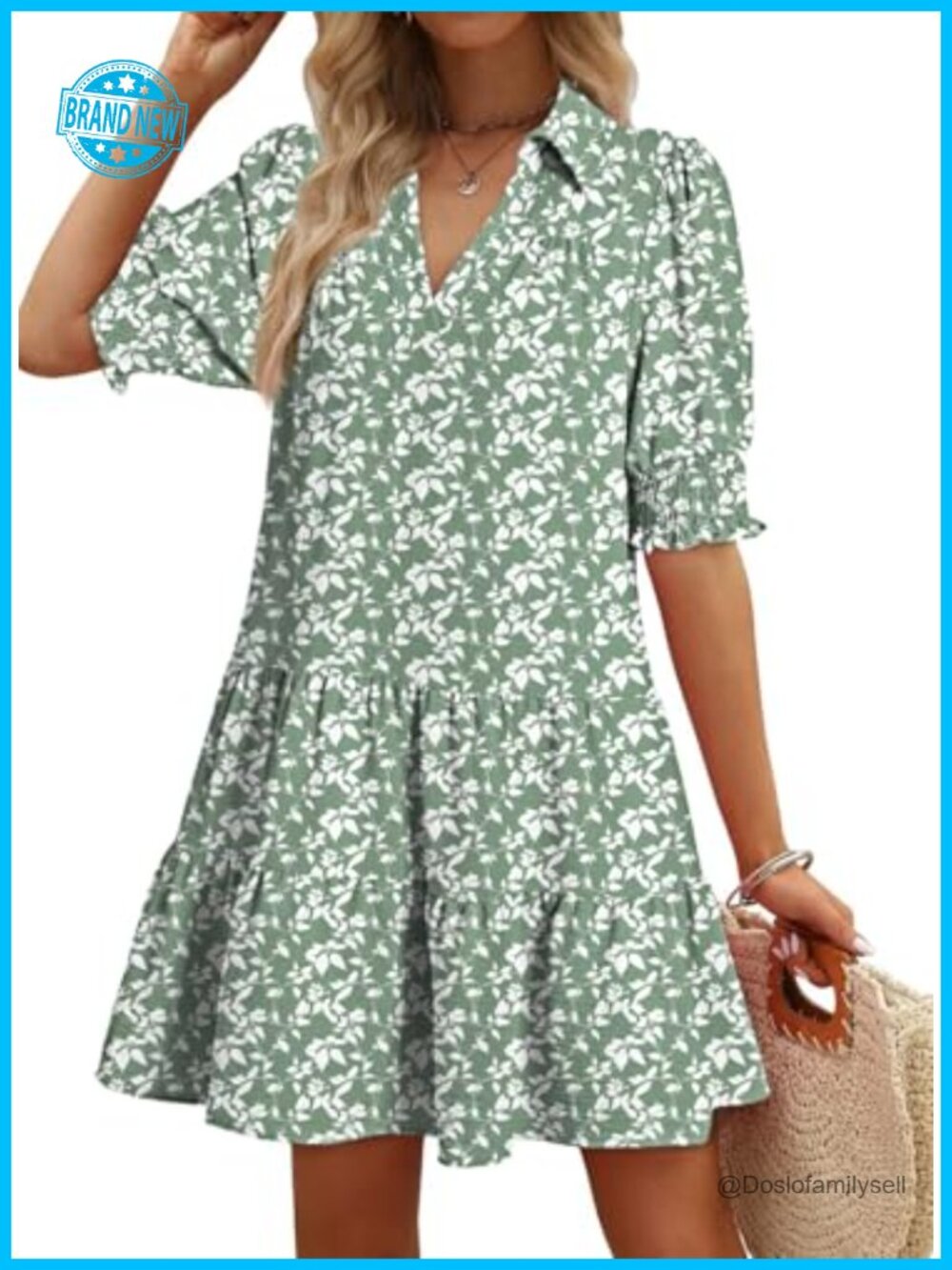 Dokotoo Casual Midi Summer Dress Pleated A-Line 3/4 Sleeve V-Neck